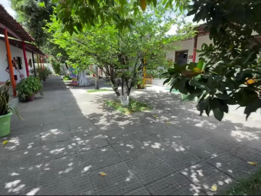 Pátio arborizado da Escola Cônego Fernando Passos, com as salas ao redor